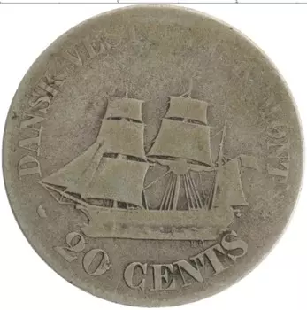 Монета 20 центов Датской Вест-Индии 1859 года Серебро Фредерик VII