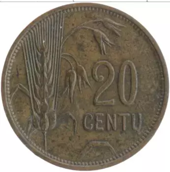 Монета 20 центов Литвы 1925 года Бронза