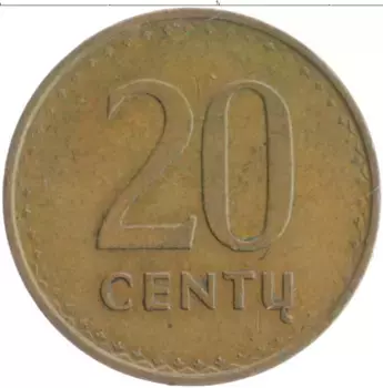 Монета 20 центов Литвы 1991 года Бронза