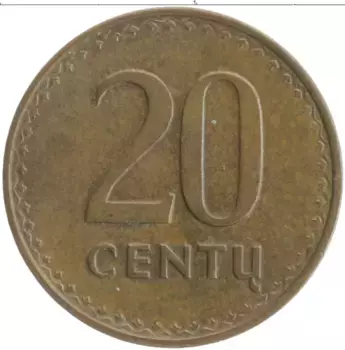 Монета 20 центов Литвы 1991 года Бронза