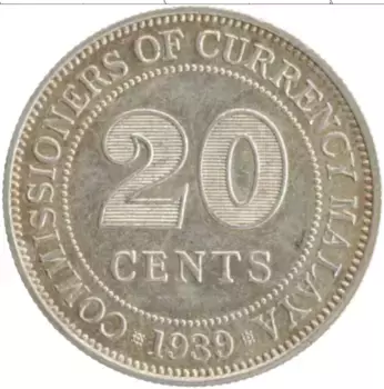 Монета 20 центов Малайи 1939 года Серебро Георг VI