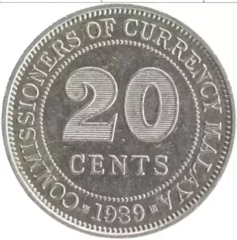 Монета 20 центов Малайи 1939 года Серебро Георг VI