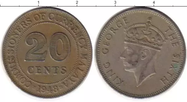 Монета 20 центов Малайи 1948 года Медно-никель Георг VI