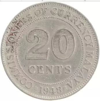Монета 20 центов Малайи 1948 года Медно-никель Георг VI