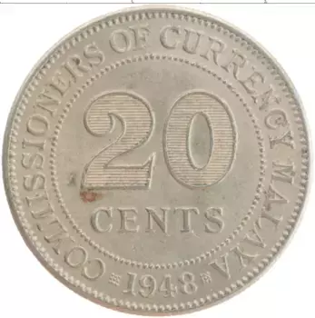 Монета 20 центов Малайи 1948 года Медно-никель Георг VI
