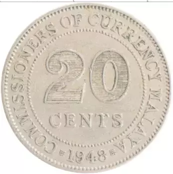 Монета 20 центов Малайи 1948 года Медно-никель Георг VI