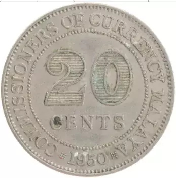 Монета 20 центов Малайи 1950 года Медно-никель Георг VI