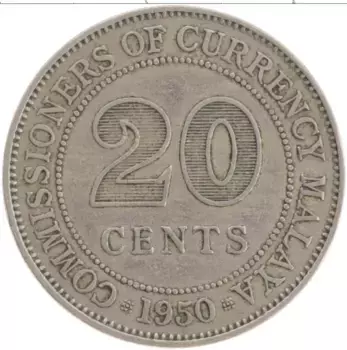 Монета 20 центов Малайи 1950 года Медно-никель Георг VI