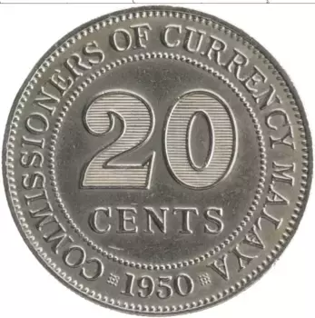 Монета 20 центов Малайи 1950 года Медно-никель Георг VI