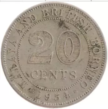 Монета 20 центов Малайи 1954 года Медно-никель Елизавета II