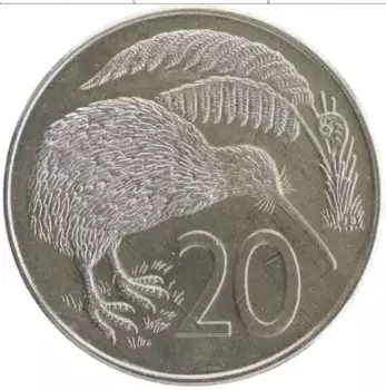 Монета 20 центов Новой Зеландии 1974 года Медно-никель Птица Киви