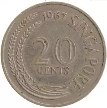 Монета 20 центов Сингапура 1967 года Медно-никель