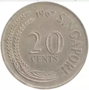 Монета 20 центов Сингапура 1967 года Медно-никель