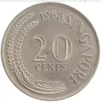 Монета 20 центов Сингапура 1968 года Медно-никель