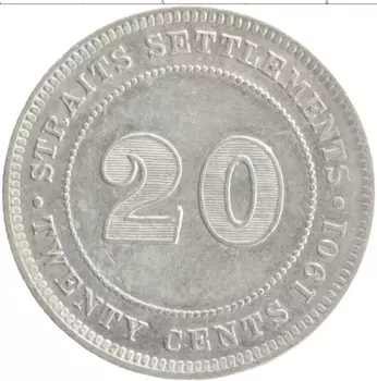 Монета 20 центов Стрейтс-Сеттльмента 1901 года Серебро Виктория