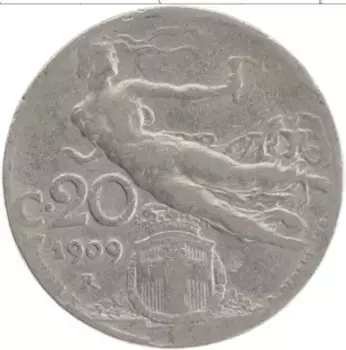 Монета 20 чентезимо Италии 1909 года Медно-никель