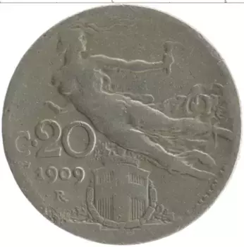 Монета 20 чентезимо Италии 1909 года Медно-никель