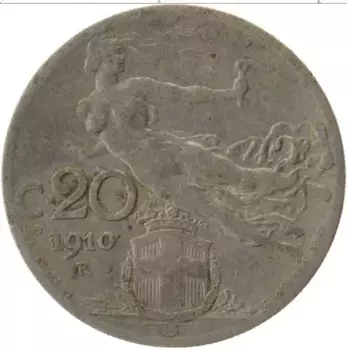 Монета 20 чентезимо Италии 1910 года Медно-никель