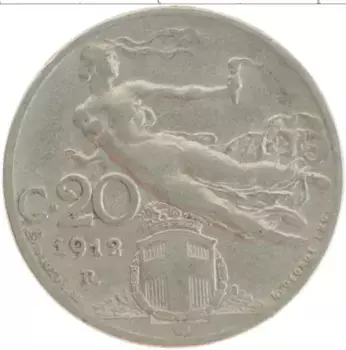 Монета 20 чентезимо Италии 1912 года Медно-никель