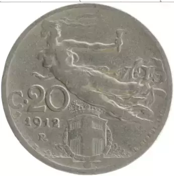 Монета 20 чентезимо Италии 1912 года Медно-никель