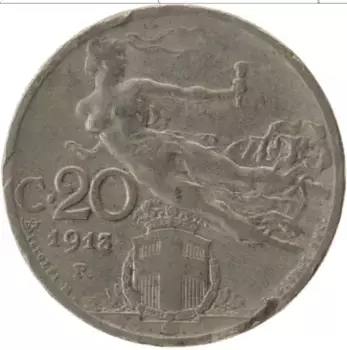 Монета 20 чентезимо Италии 1913 года Медно-никель