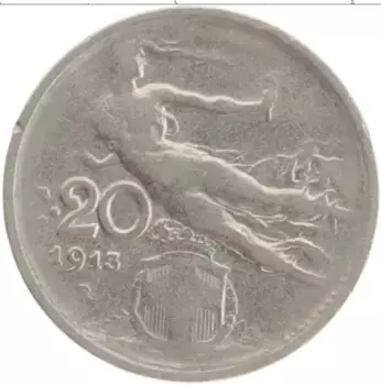 Монета 20 чентезимо Италии 1913 года Медно-никель Виктор Эммануил III