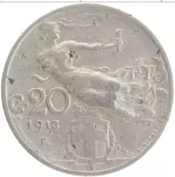 Монета 20 чентезимо Италии 1913 года Медно-никель