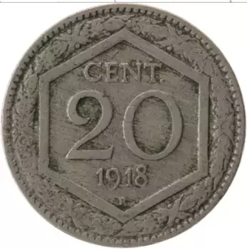 Монета 20 чентезимо Италии 1918 года Медно-никель