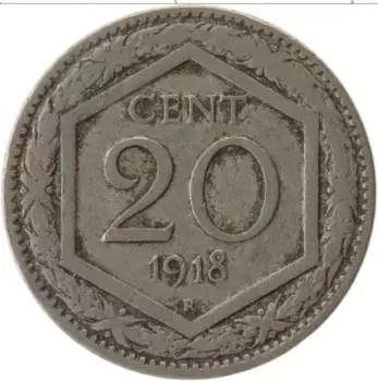 Монета 20 чентезимо Италии 1918 года Медно-никель