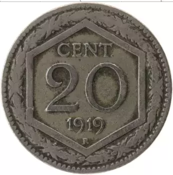 Монета 20 чентезимо Италии 1919 года Медно-никель
