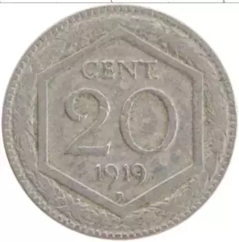 Монета 20 чентезимо Италии 1919 года Медно-никель Герб