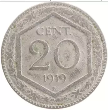 Монета 20 чентезимо Италии 1919 года Медно-никель