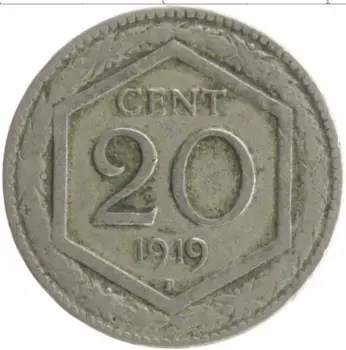 Монета 20 чентезимо Италии 1919 года Медно-никель Витторио Эмануил III
