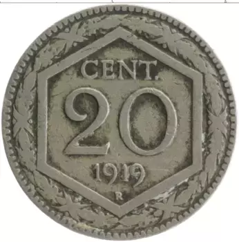 Монета 20 чентезимо Италии 1919 года Медно-никель