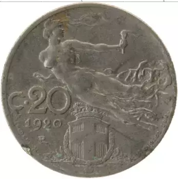 Монета 20 чентезимо Италии 1920 года Медно-никель