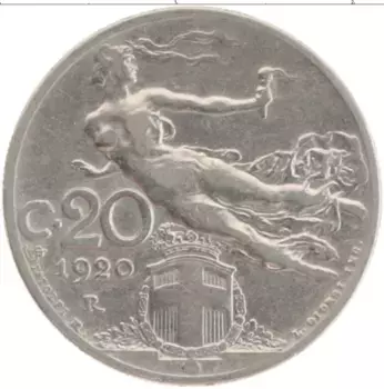 Монета 20 чентезимо Италии 1920 года Медно-никель Республика