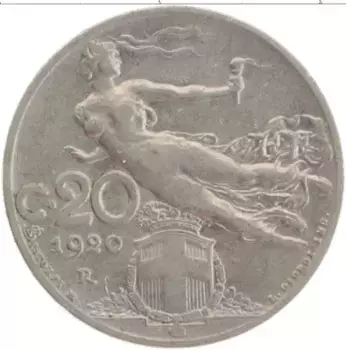 Монета 20 чентезимо Италии 1920 года Медно-никель