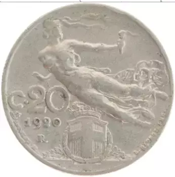 Монета 20 чентезимо Италии 1920 года Медно-никель