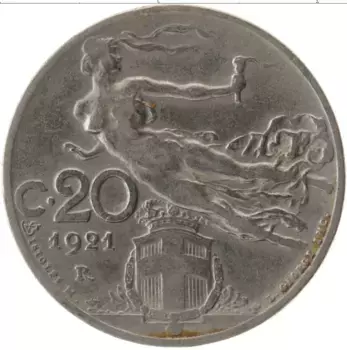 Монета 20 чентезимо Италии 1921 года Медно-никель