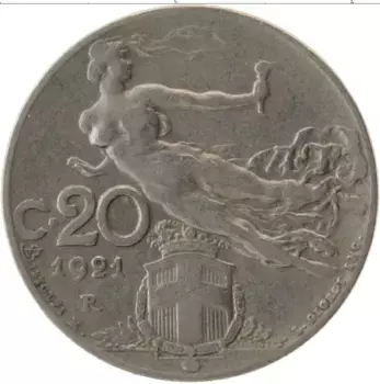 Монета 20 чентезимо Италии 1921 года Медно-никель