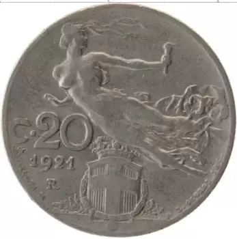 Монета 20 чентезимо Италии 1921 года Медно-никель