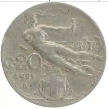 Монета 20 чентезимо Италии 1921 года Медно-никель