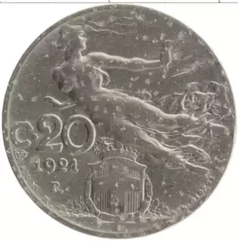 Монета 20 чентезимо Италии 1921 года Медно-никель