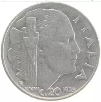 Монета 20 чентезимо Италии 1939 года Медно-никель Виктор Эммануил III