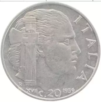 Монета 20 чентезимо Италии 1939 года Медно-никель Витторио Эммануил III