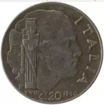 Монета 20 чентезимо Италии 1940 года Медно-никель Витторио Эммануил III