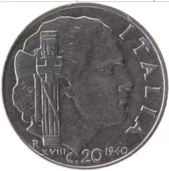 Монета 20 чентезимо Италии 1940 года Медно-никель Витторио Эммануил III