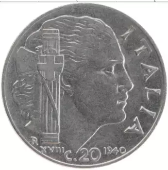 Монета 20 чентезимо Италии 1940 года Медно-никель Виктор Эммануил III