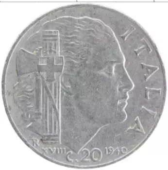 Монета 20 чентезимо Италии 1940 года Медно-никель Виктор Эммануил III
