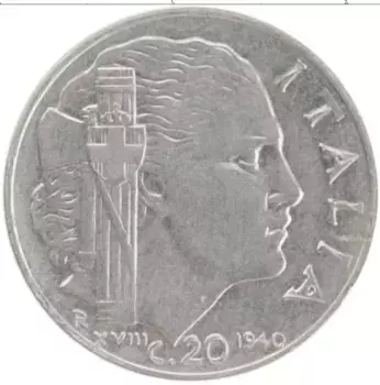 Монета 20 чентезимо Италии 1940 года Медно-никель Витторио Эммануил III